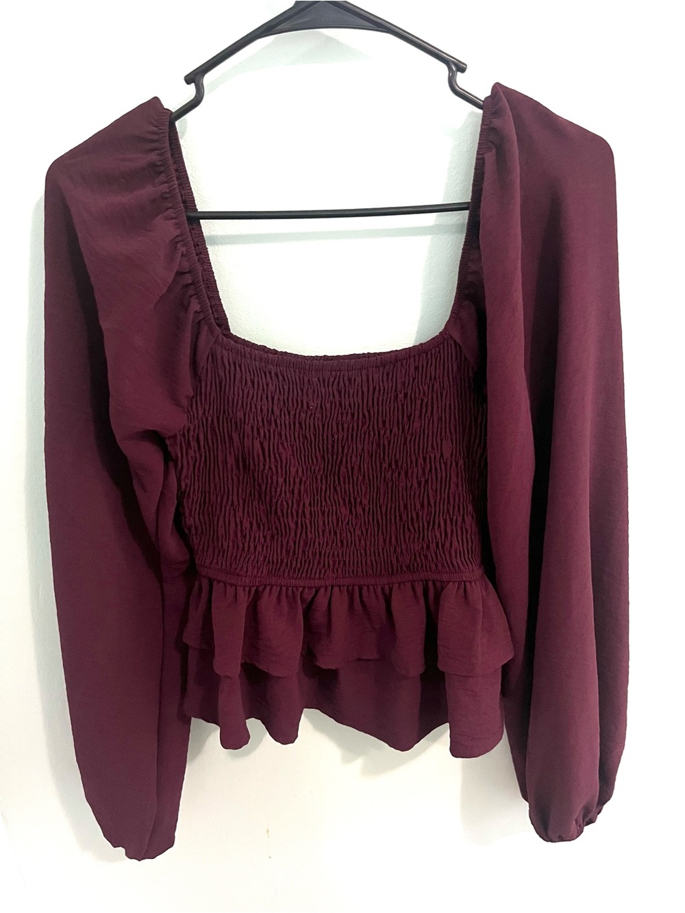 Altar'd State Burgundy Cropped Smocked Peplum Long-Sleeve Top